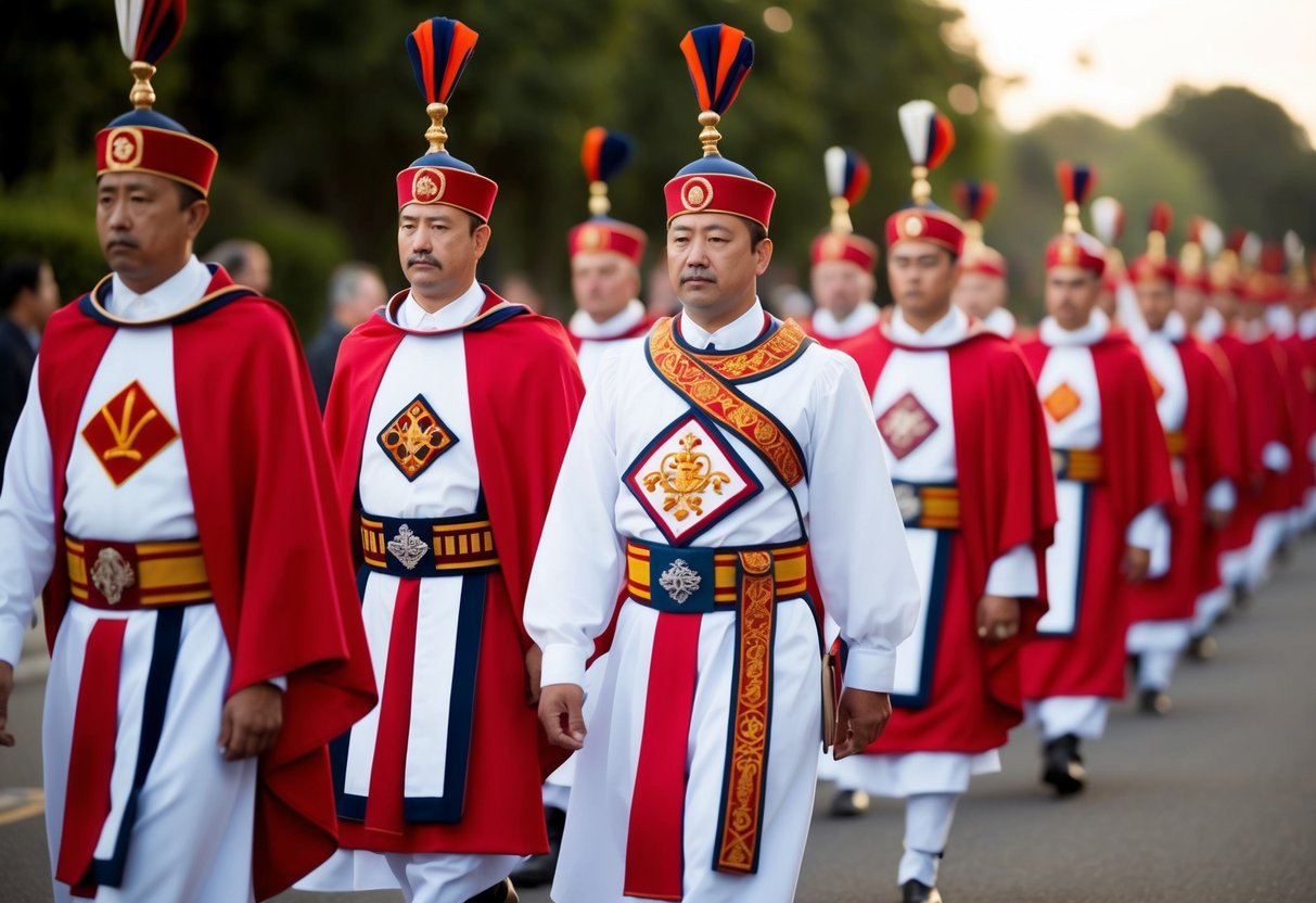 A procession of figures in ceremonial attire, each with a unique symbol or ornament, walking in a line with the lead figure distinguished in some way
