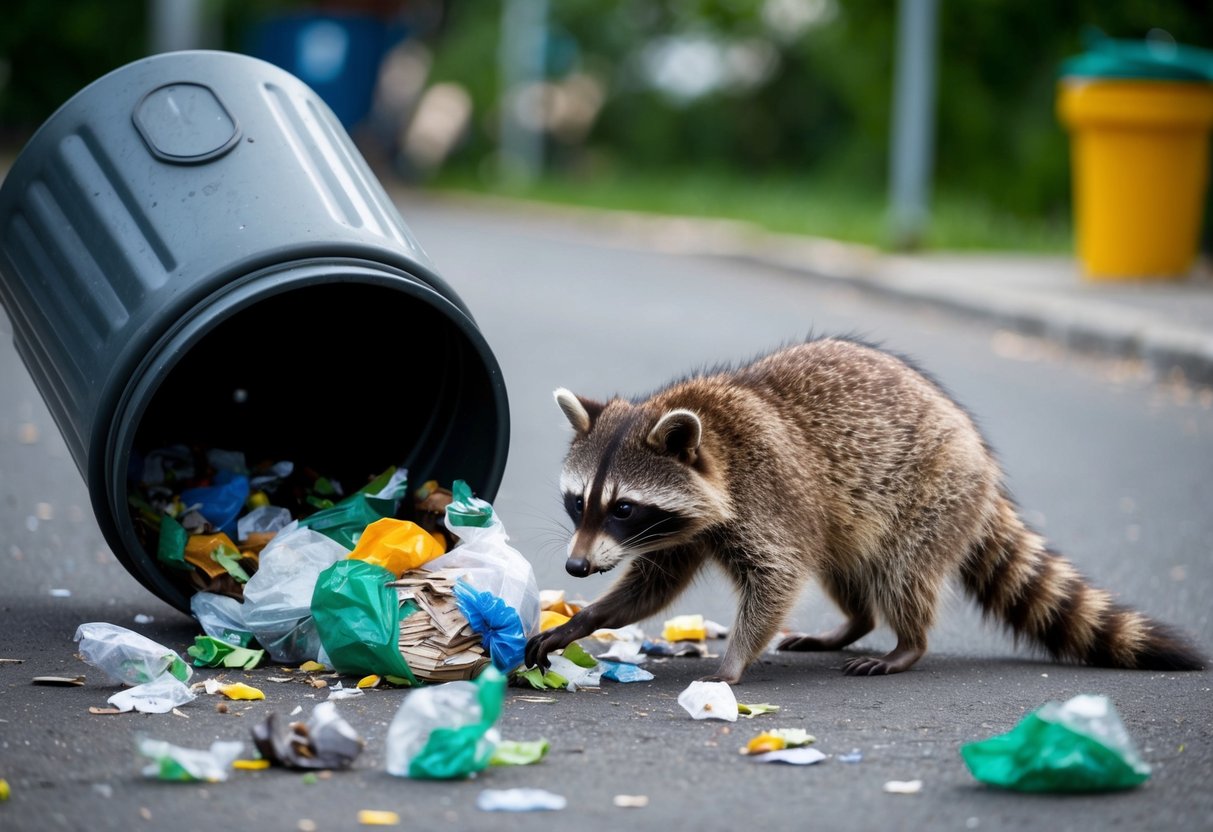 A raccoon rummages through a tipped-over trash can, scattering garbage across the ground