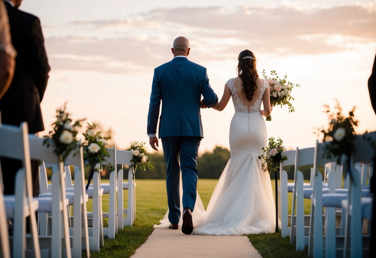 A lone figure stands at the end of the aisle, guiding the bride forward with a gentle touch. The soft glow of the setting sun bathes the scene in warm light