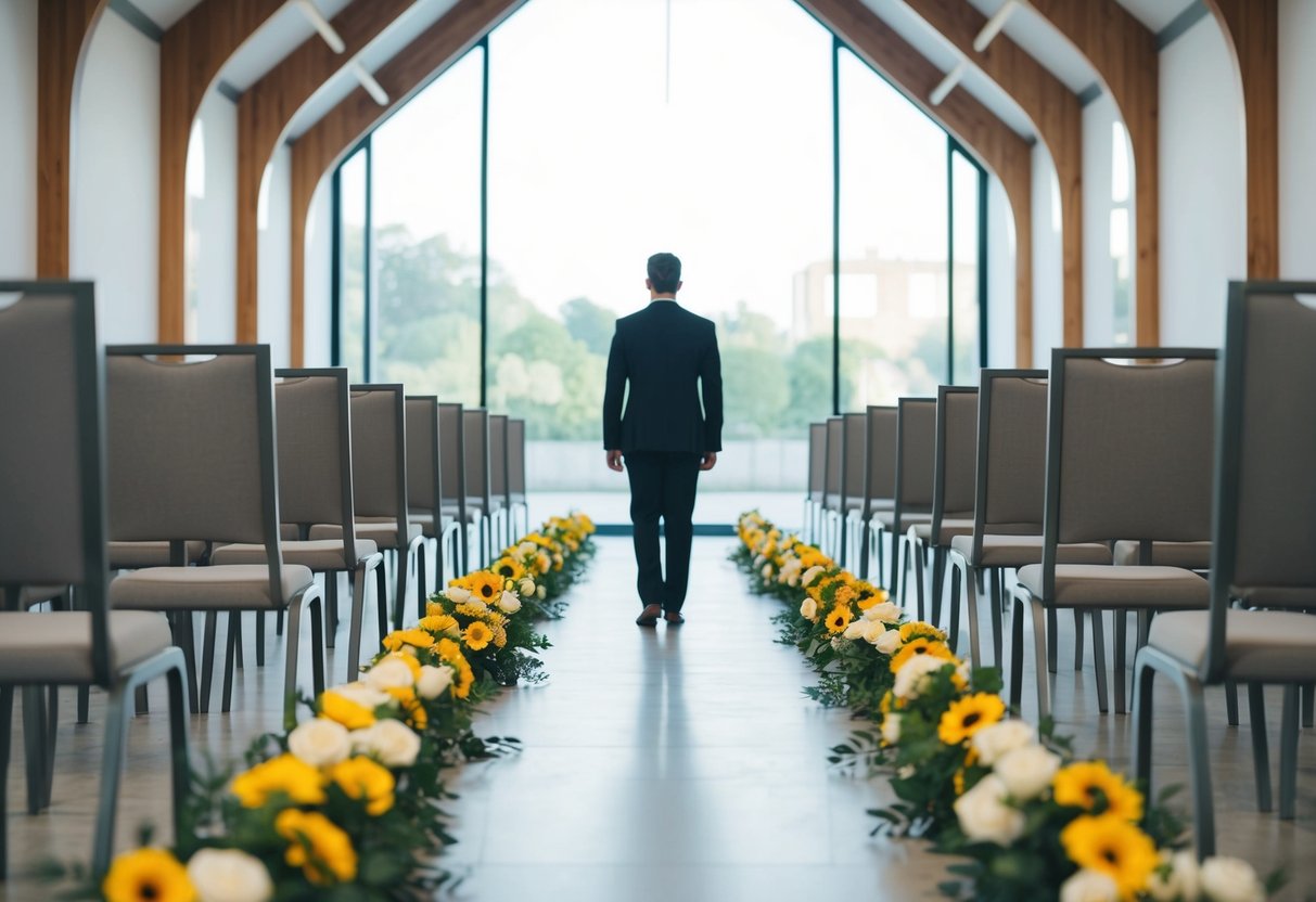 A lone figure stands at the start of an empty aisle, symbolic flowers lining the path