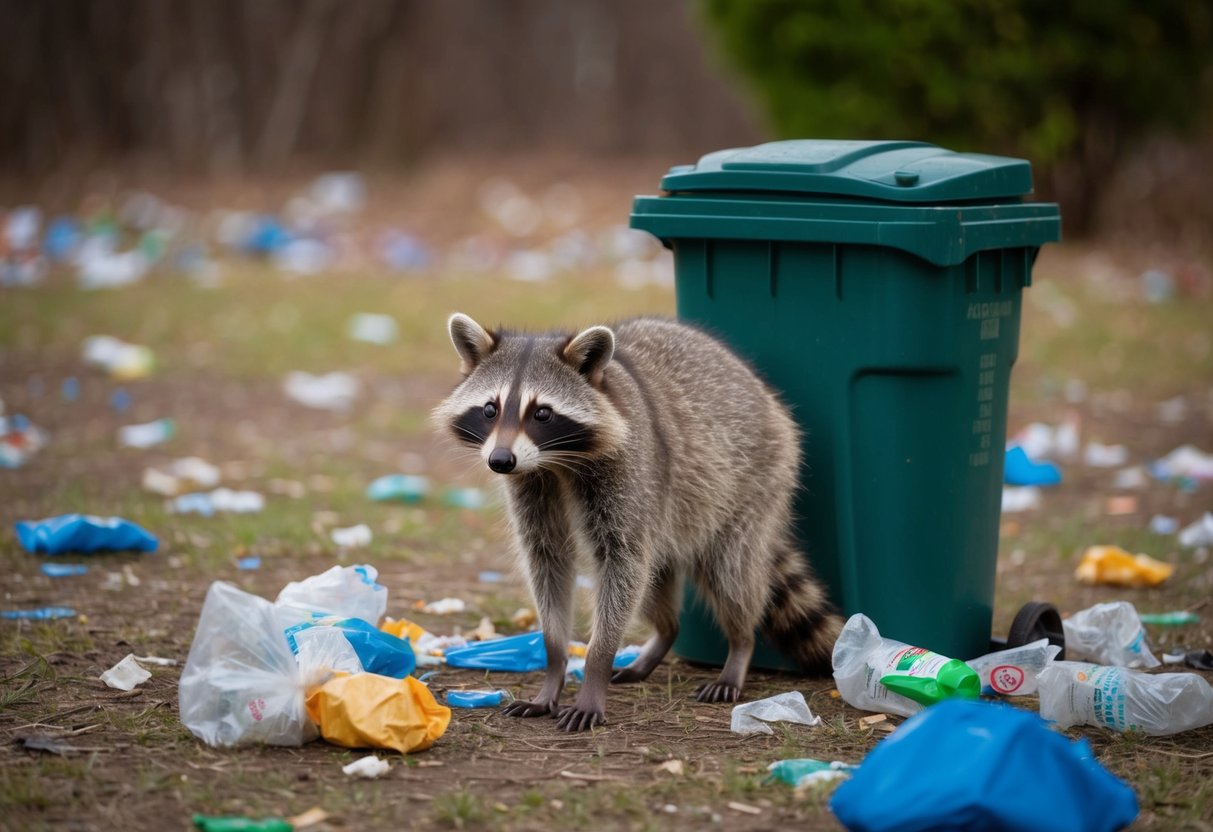 A raccoon stands near a garbage can, surrounded by scattered trash. Its fur is matted and its eyes are alert, conveying a sense of annoyance and potential health risks