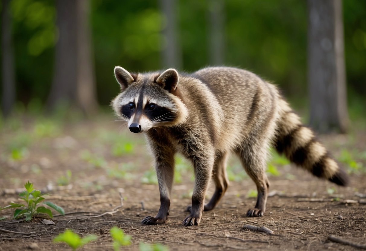 A raccoon dog stands alert in a forest clearing, its sharp eyes scanning the surroundings while its bushy tail flicks back and forth