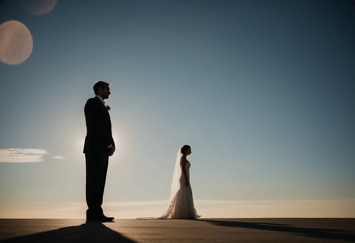 A solitary figure stands tall, casting a long shadow down the empty aisle, as the bride walks alone towards her future