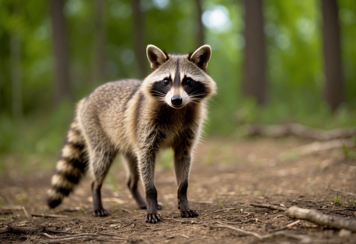 A raccoon dog standing in a forest clearing, looking curiously at the viewer with its distinctive facial markings and bushy tail