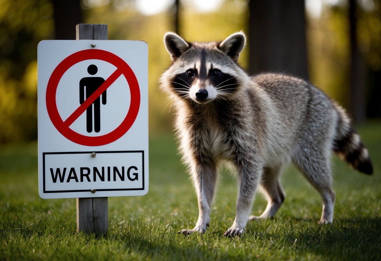 A raccoon dog standing near a warning sign with a crossed-out symbol of a human and a red circle around it