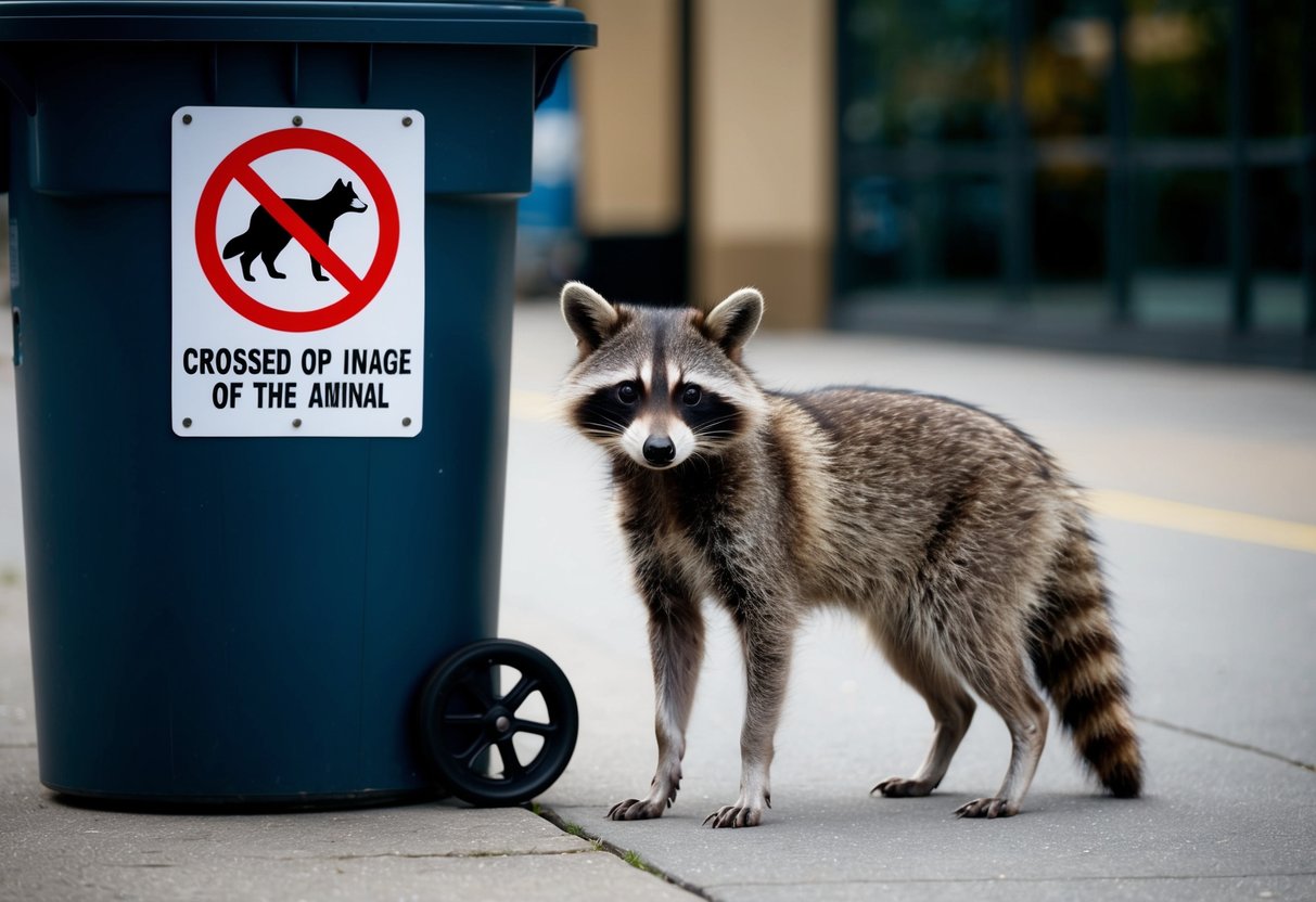 A raccoon dog stands next to a trash can, while a sign with a crossed-out image of the animal is posted nearby