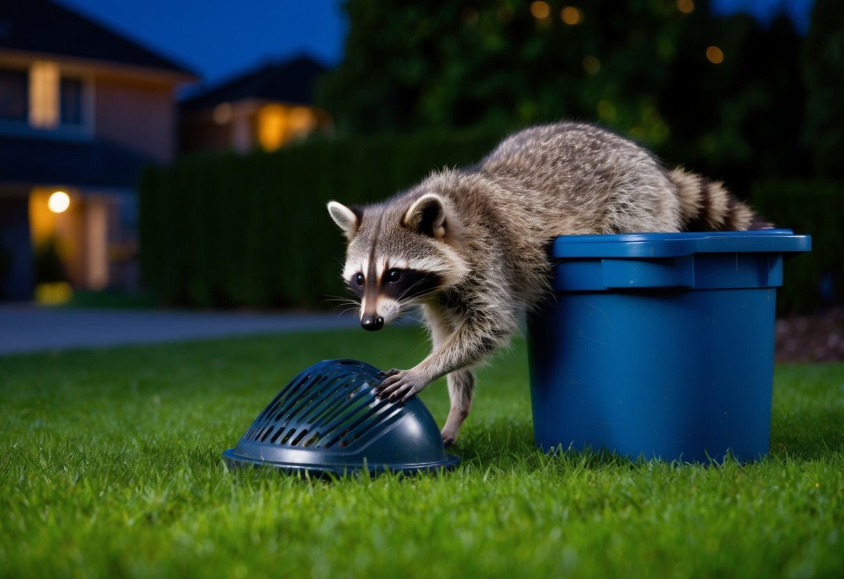 A raccoon scavenging through a trash bin in a suburban garden at night