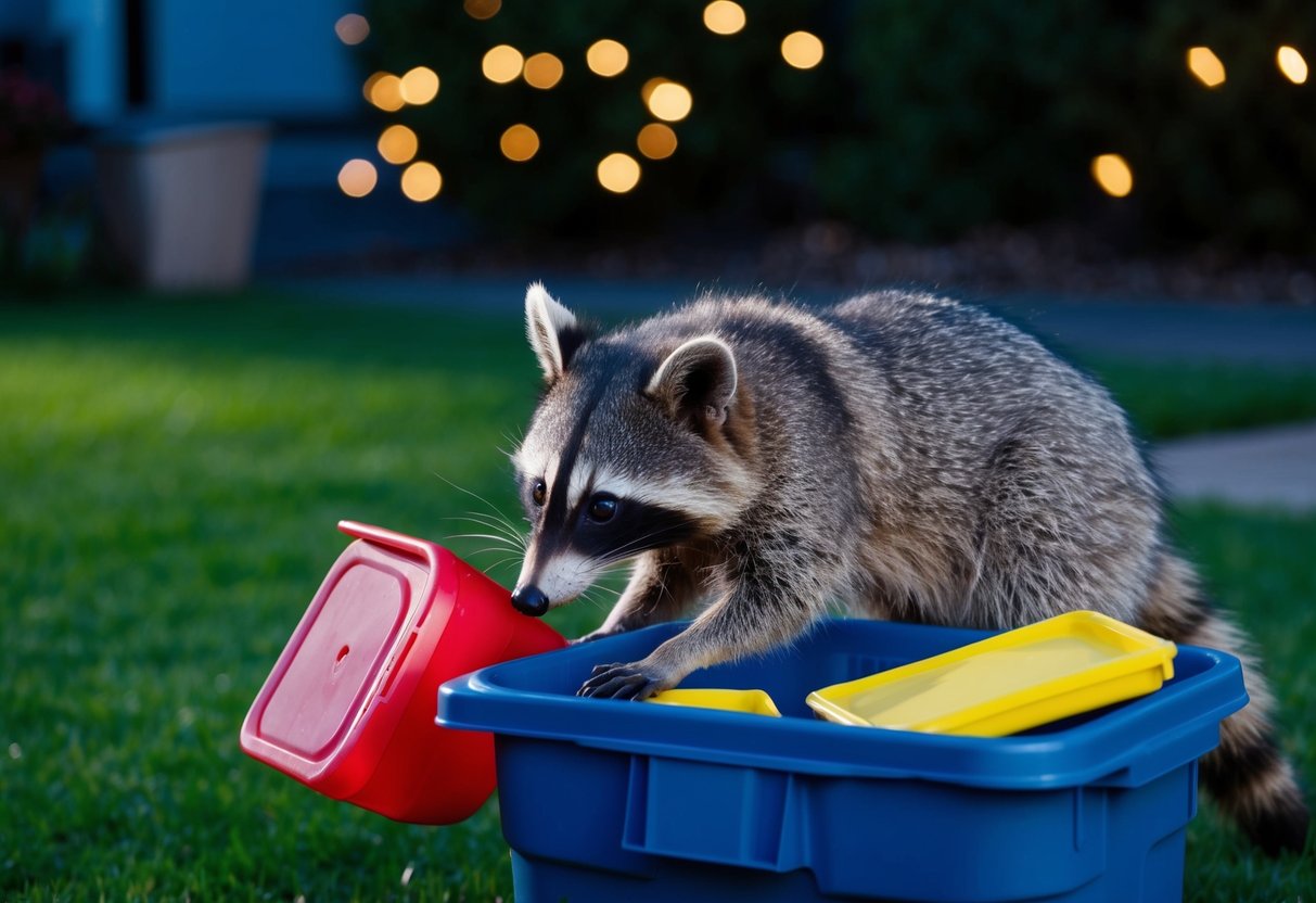 A raccoon-like animal foraging through a trash can in a suburban backyard at night