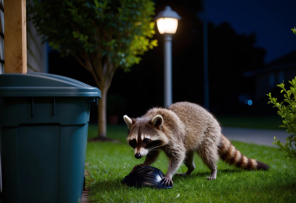 A raccoon rummages through a trash can in a suburban garden at night, its masked face illuminated by the dim glow of a streetlamp