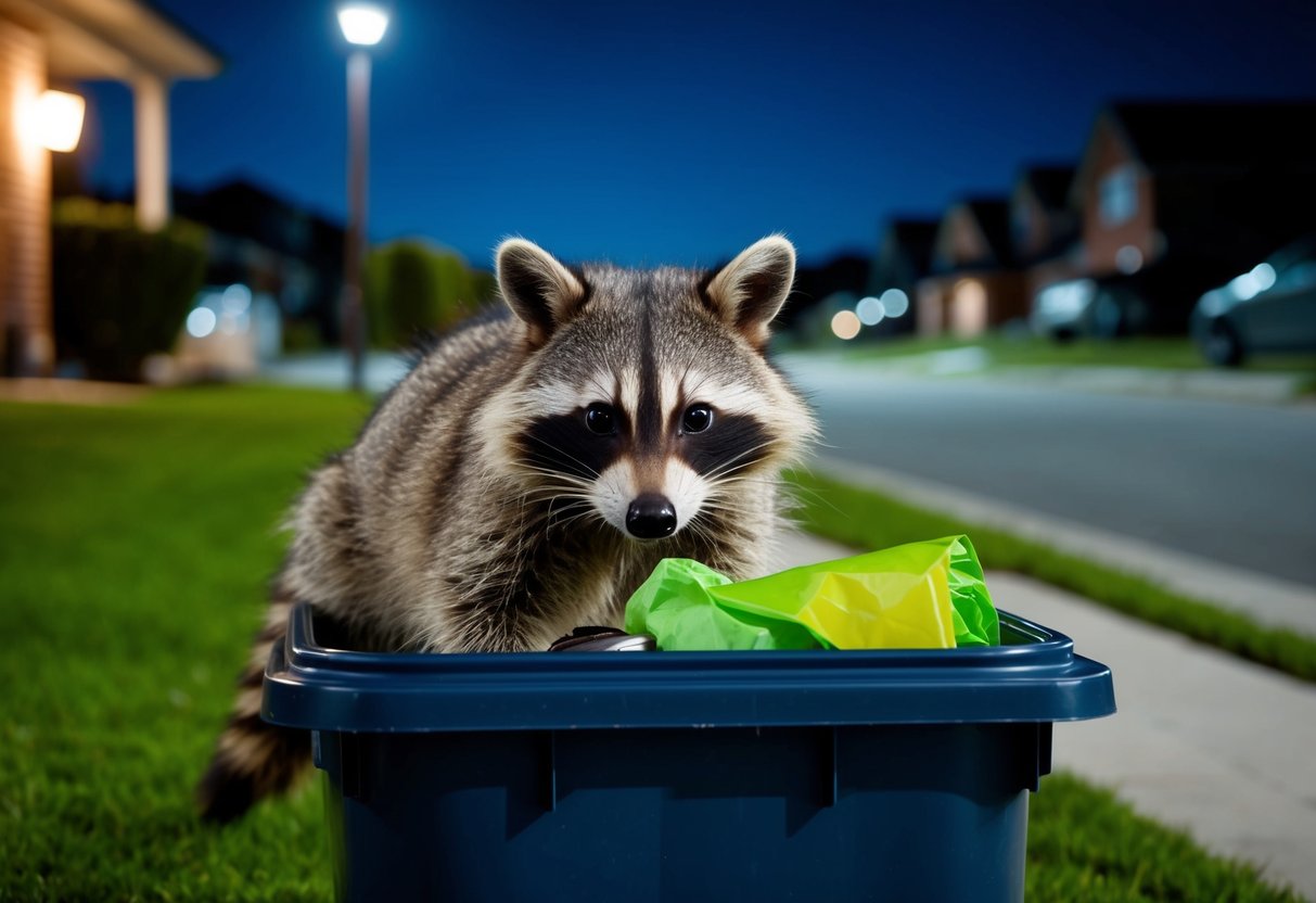 A raccoon scavenging through a trash bin in a suburban neighborhood at night