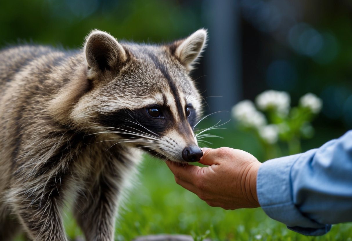 A raccoon cautiously approaches, sniffing the air. Its eyes are alert, ears perked. It hesitates, then leans in to nuzzle a friendly hand
