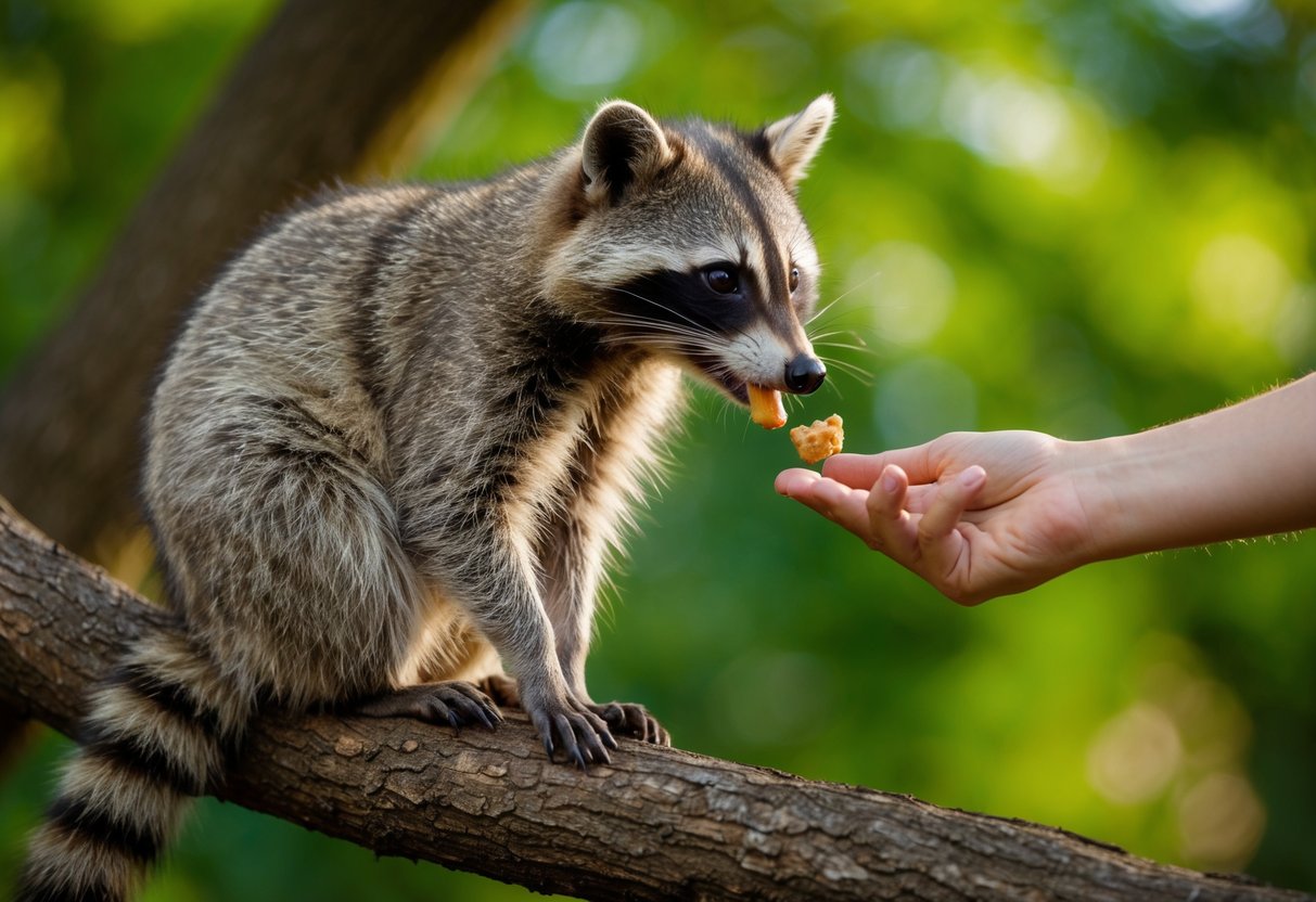A raccoon sitting on a tree branch, cautiously sniffing a human hand offering a treat