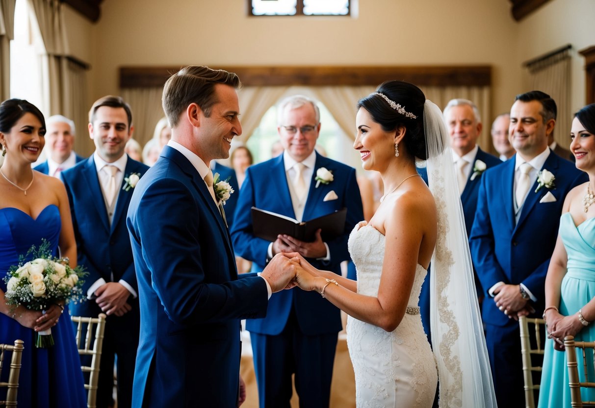 A bride and groom exchanging vows in a traditional wedding setting, surrounded by guests in formal attire