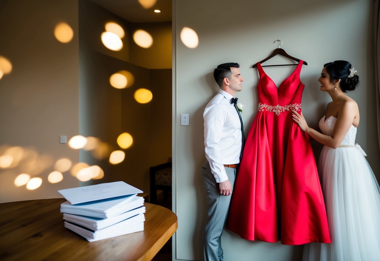 A vibrant red dress hangs on a hanger next to a stack of wedding invitations, while a bride and groom gaze at it with mixed emotions