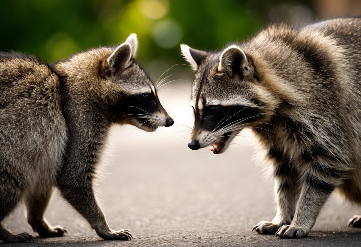 A raccoon and a cat face off, their fur bristling as they size each other up, the raccoon's larger size looming over the cat