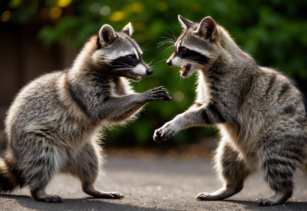 A raccoon and a cat face off, their muscles tense as they prepare to fight. The raccoon's larger size and powerful stance suggest it may have the upper hand in the showdown
