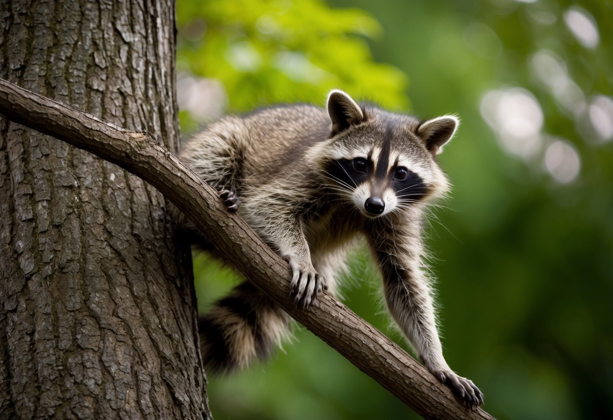 A raccoon effortlessly scales a tree, moving with the agility and grace of a cat
