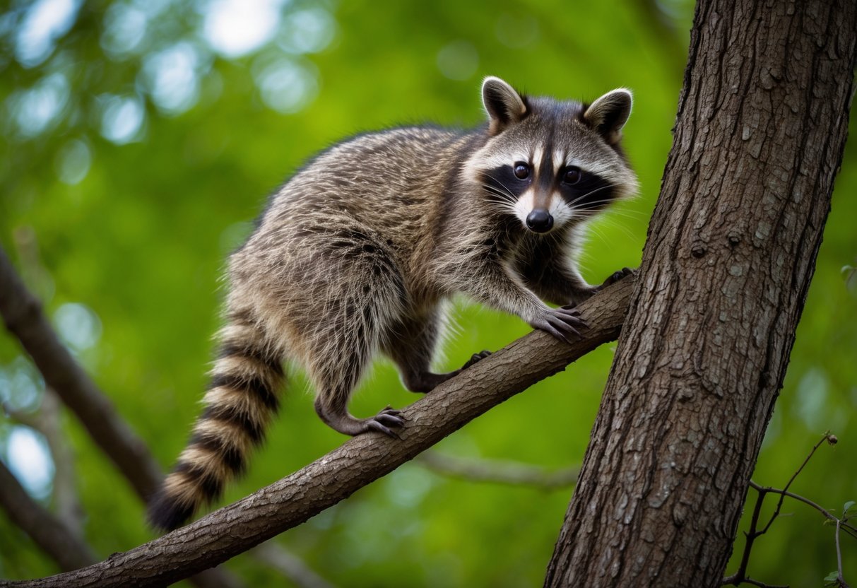 A raccoon perched on a tree branch, using its nimble paws and agile body to climb upward, resembling a cat's climbing ability