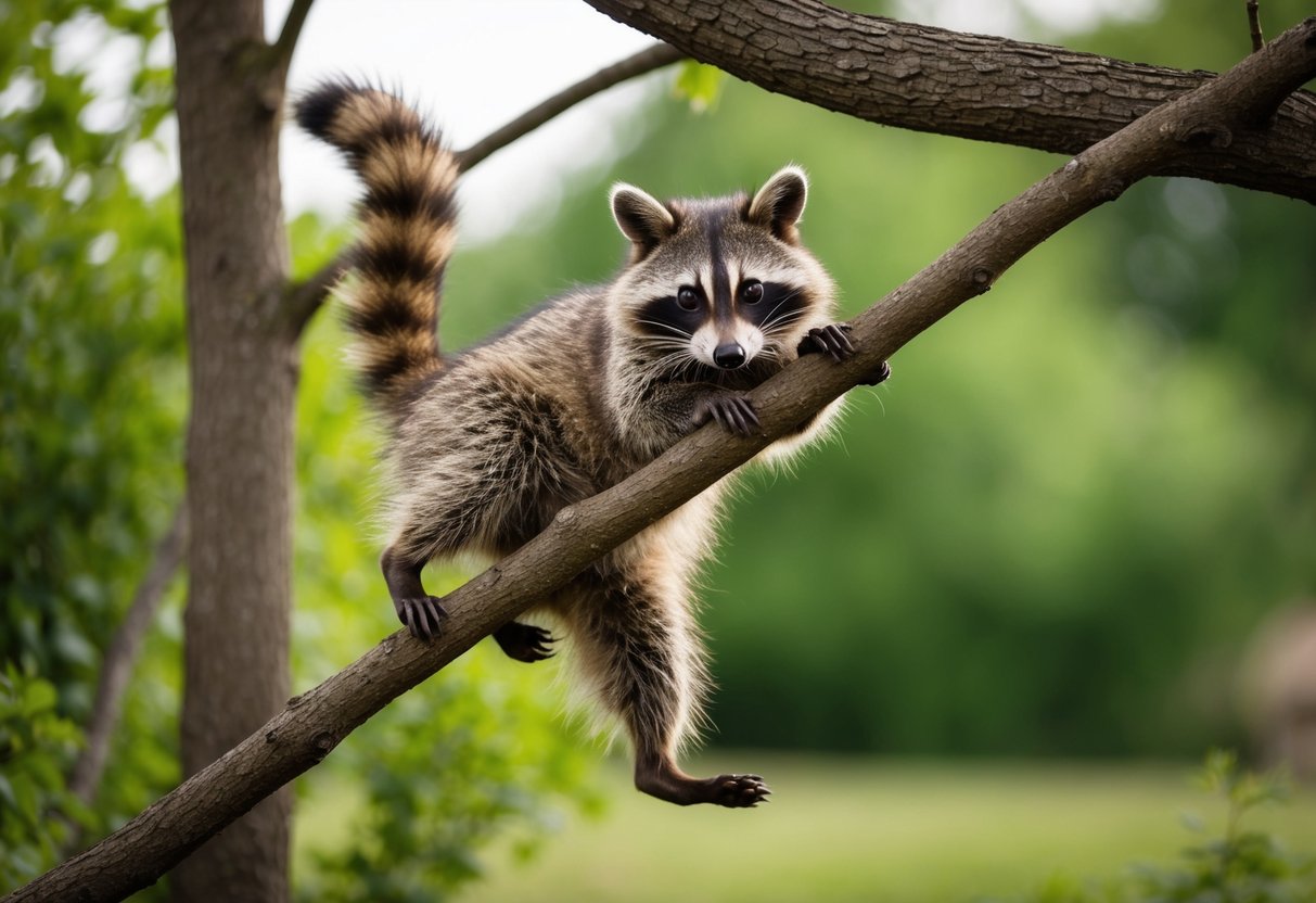 A raccoon leaping from branch to branch, demonstrating its agile climbing abilities similar to those of a cat