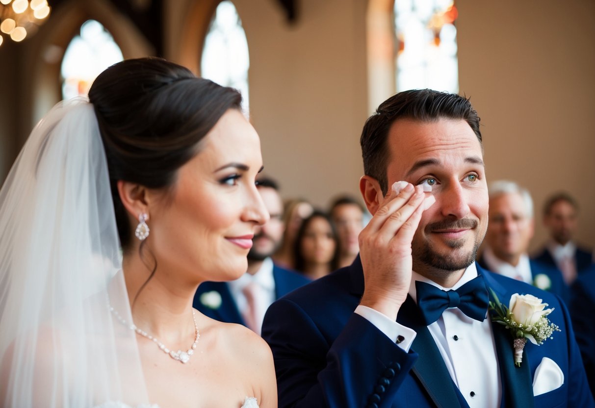 A groom wipes away tears as he watches his bride walk down the aisle