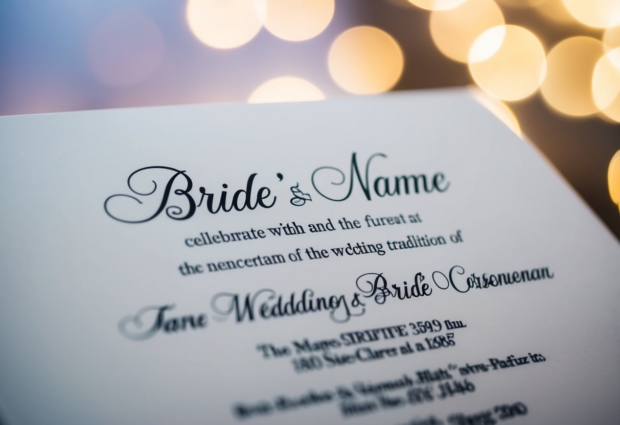 A bride's name appears first on a wedding invitation, symbolizing tradition and the bride's importance in the event
