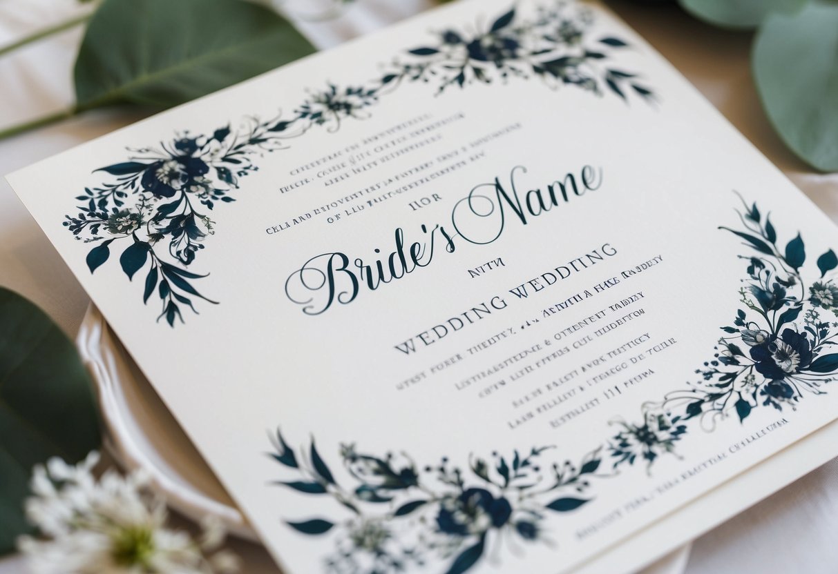 A wedding invitation with the bride's name listed first, surrounded by elegant floral designs and ornate calligraphy