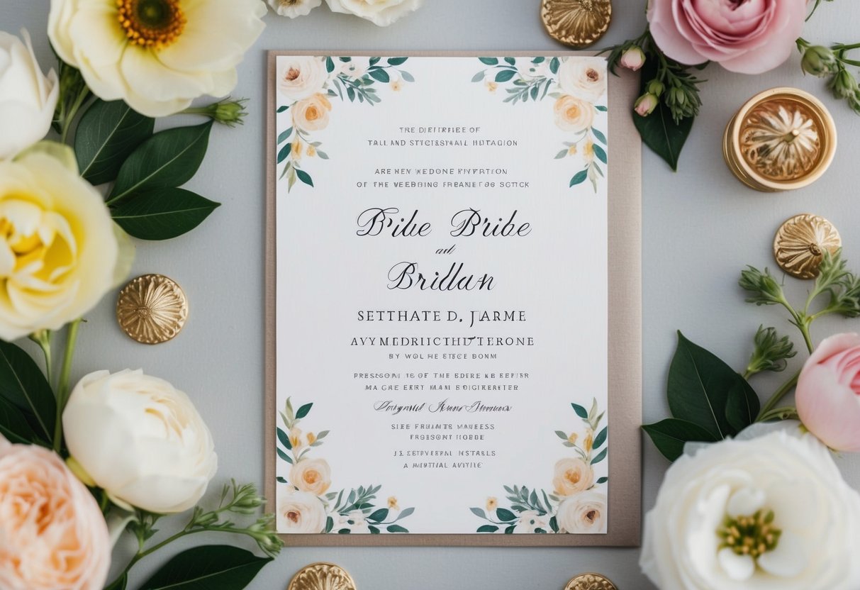 A wedding invitation with the bride's name listed first, surrounded by elegant floral designs and decorative elements