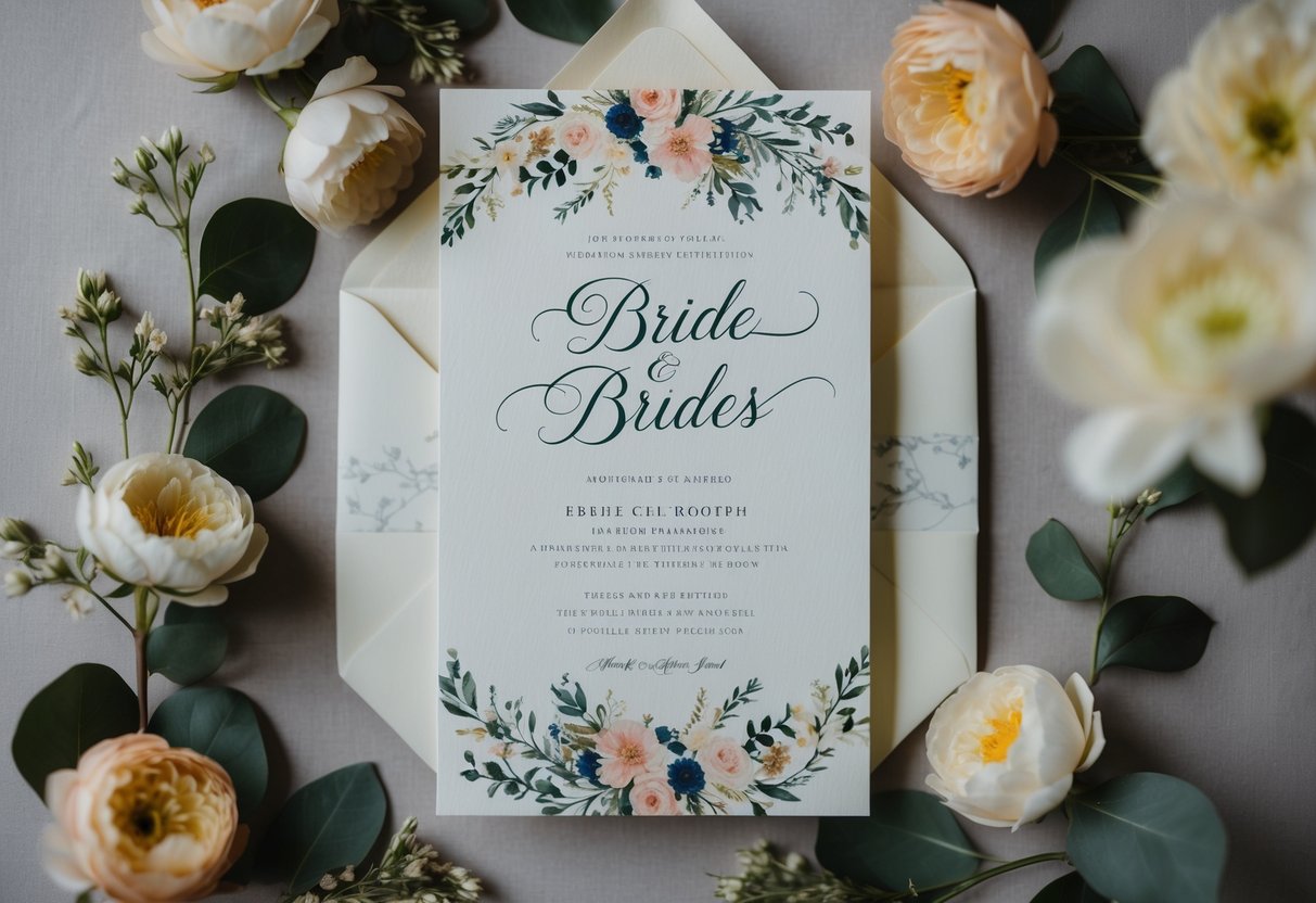 A wedding invitation with the bride's name listed first in elegant calligraphy, surrounded by floral motifs and decorative details