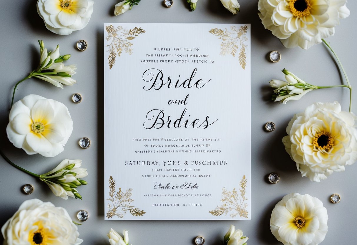 A wedding invitation with the bride's name listed first, surrounded by elegant floral designs and decorative accents