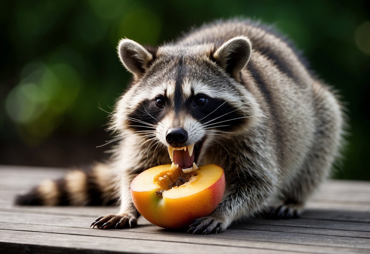 A raccoon bites into a piece of fruit, its sharp teeth leaving deep marks on the surface