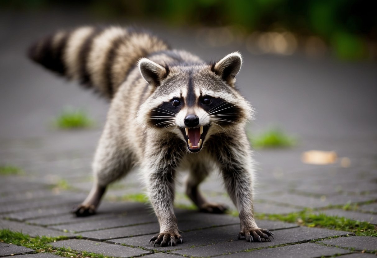 A raccoon with bared teeth and raised fur, lunging forward with open mouth