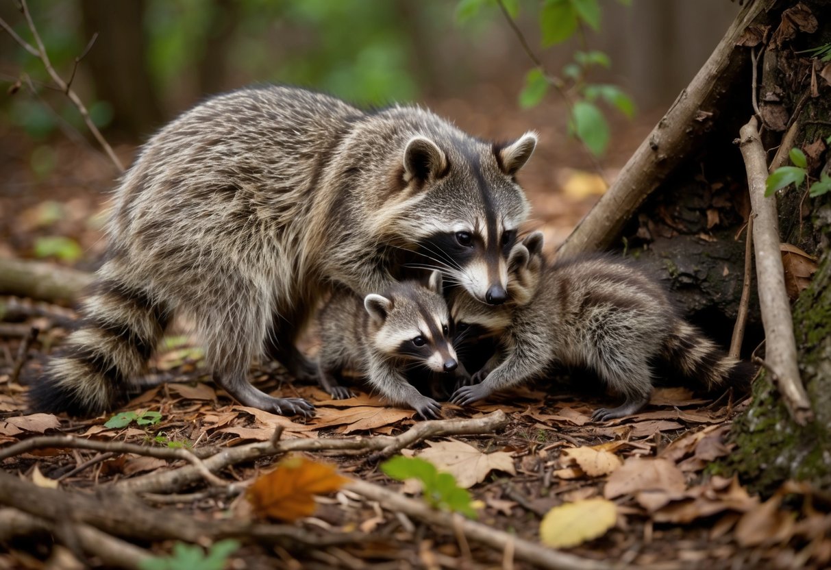 A mother raccoon stands in a wooded area with her young, nestled in a cozy den made of leaves and branches. She affectionately nuzzles her babies as they play and explore their surroundings