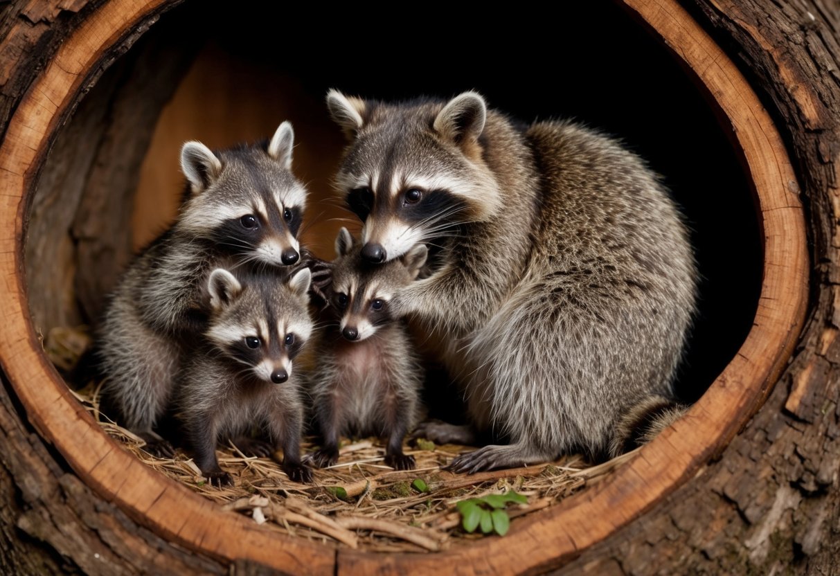 A mother raccoon grooming her three playful babies in a cozy den nestled in the hollow of a tree