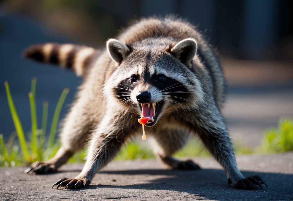 A raccoon with bared teeth lunging forward, saliva dripping from its mouth, and sharp claws extended