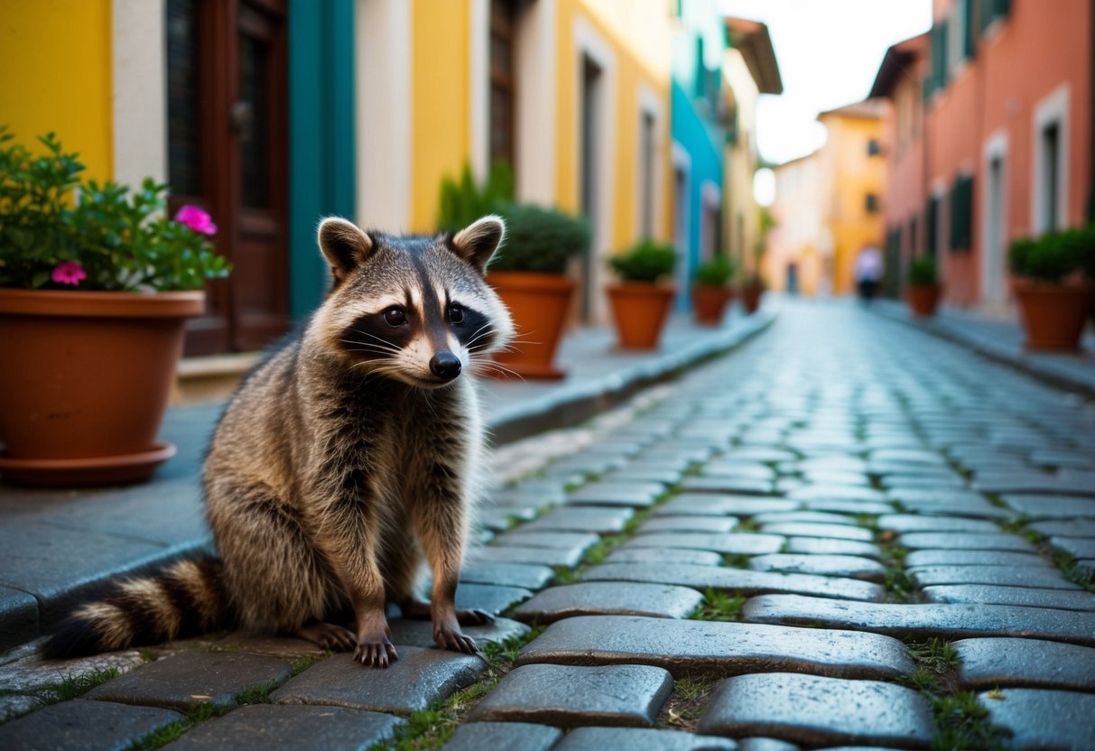 A raccoon sits on a cobblestone street in an Italian town, surrounded by colorful buildings and potted plants