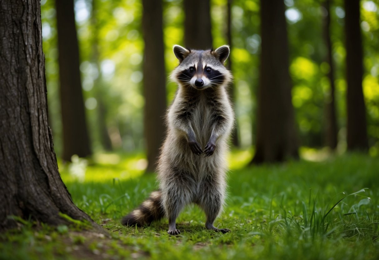 A raccoon stands on its hind legs, surveying its surroundings in a lush Italian forest