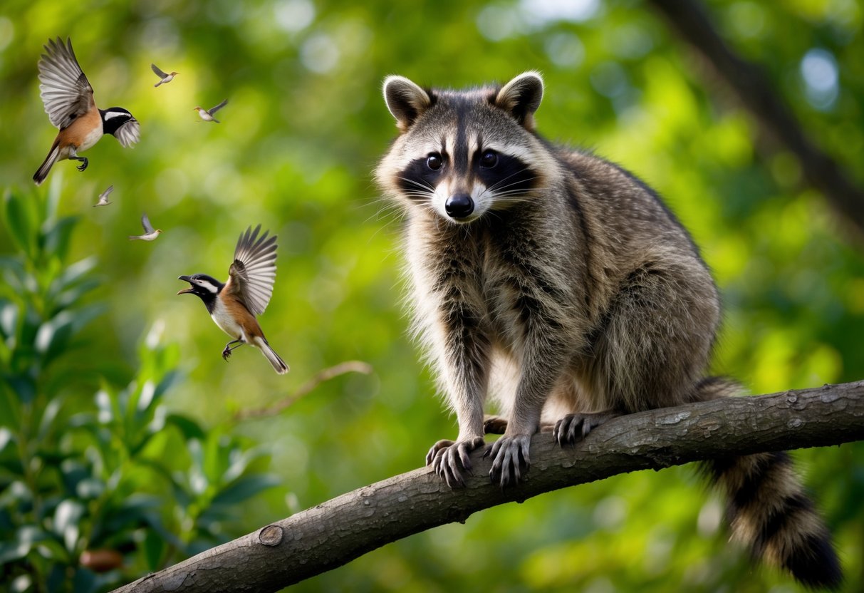 A raccoon sits on a branch in an Italian forest, surrounded by lush greenery and chirping birds