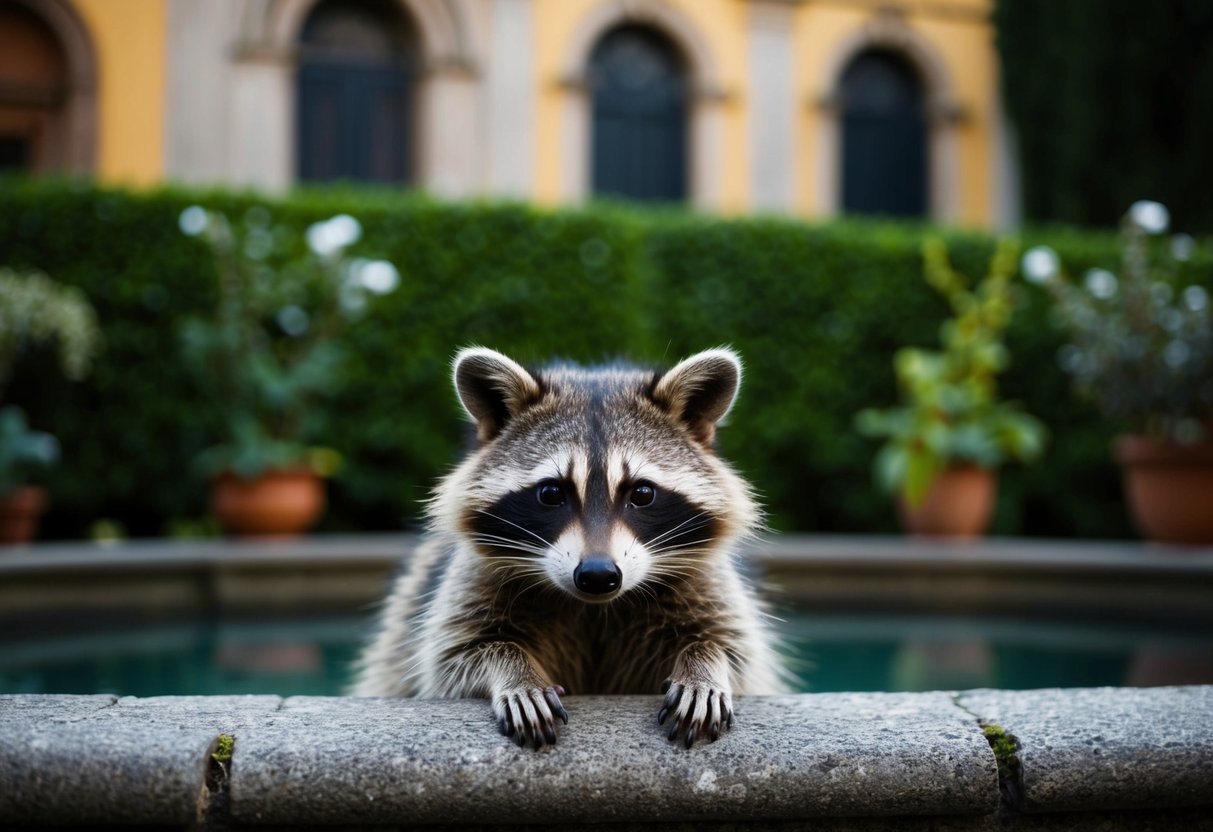 A raccoon peeks out from a lush Italian garden, surrounded by historic architecture