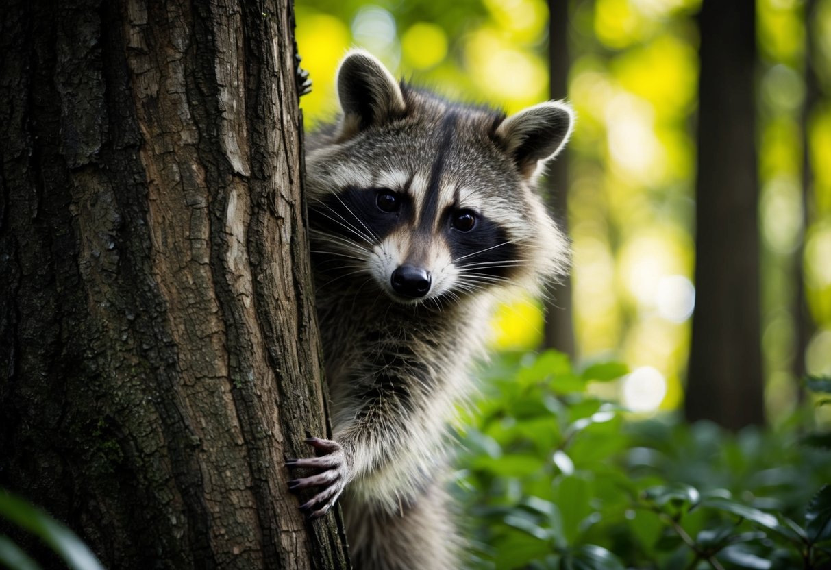 A raccoon cautiously explores a lush Italian forest, its masked face peering out from behind a tree trunk