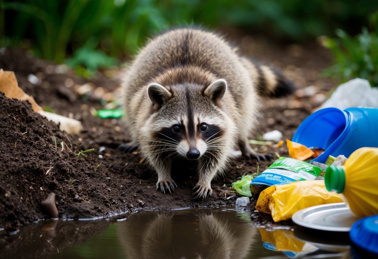 A raccoon parasite burrows into soil near a water source, surrounded by discarded food and trash