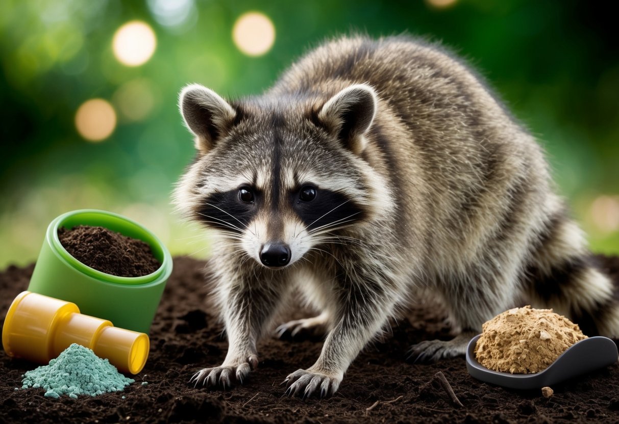 A raccoon parasite, the Baylisascaris procyonis, depicted in an illustration with a raccoon as the focal point, surrounded by potential sources of infection such as soil, feces, and contaminated objects