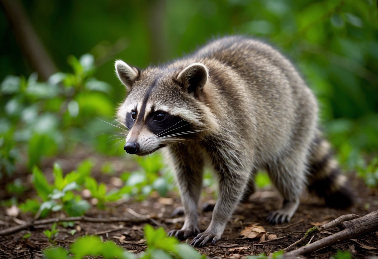 A raccoon sniffs the air, its nose twitching as it detects the scent of food and foliage in the forest underbrush