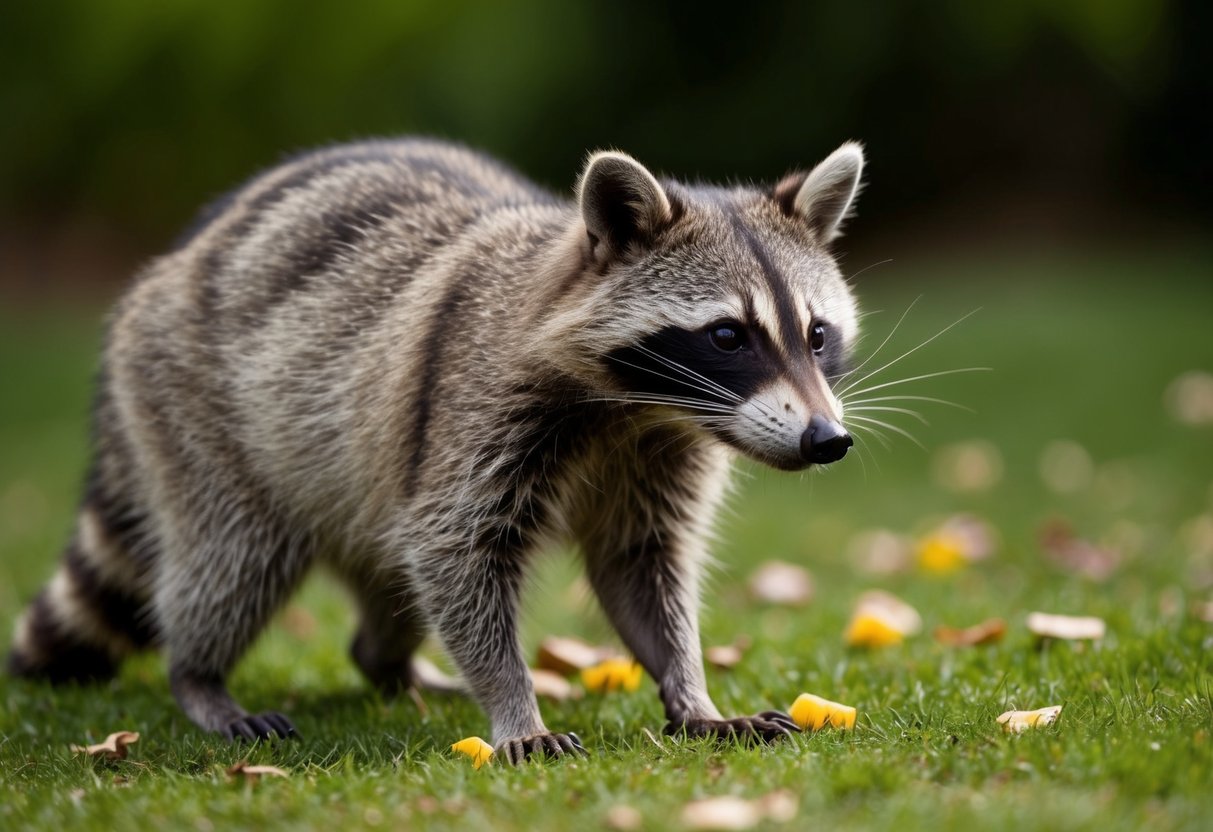 A raccoon sniffs the air, its nose twitching as it detects the scent of food. The creature's keen sense of smell is evident as it forages for its next meal