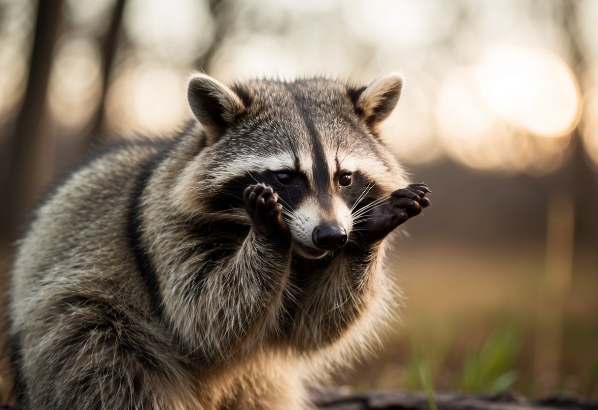 A raccoon recoiling from a pungent smell, wrinkling its nose and covering its face with its paws