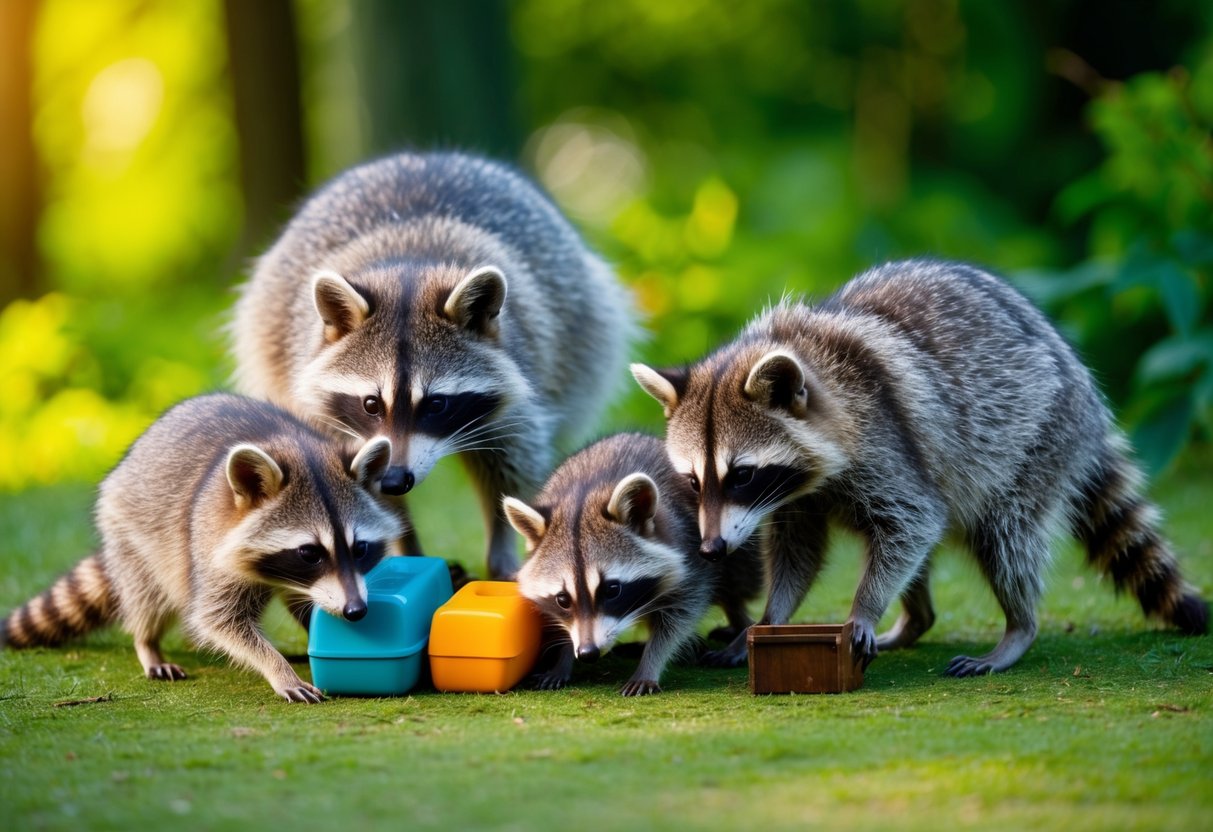 A family of raccoons sniffing and inspecting various objects in a lush, green forest setting