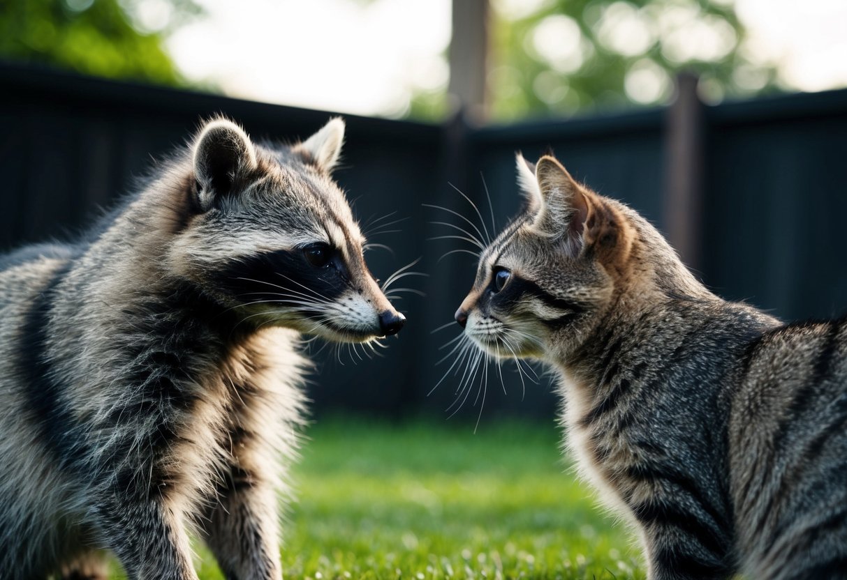 A raccoon and a cat face each other in a backyard, with the raccoon appearing sickly