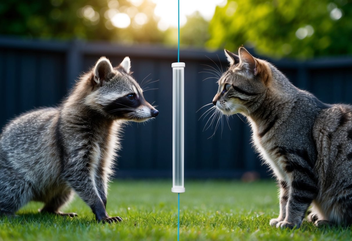 A raccoon and a cat facing each other in a backyard, with a clear barrier between them, representing the potential for disease transmission