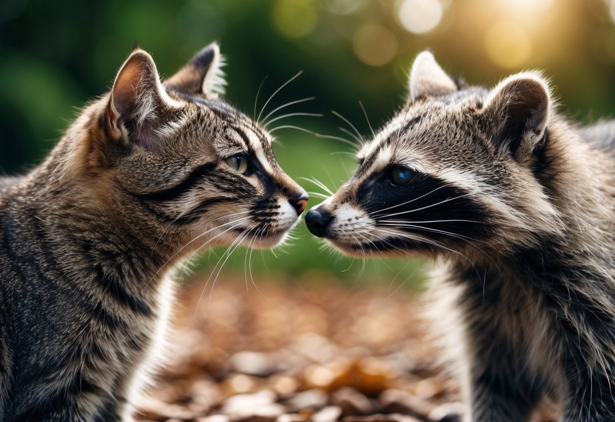 A cat and a raccoon face each other, their noses touching. The cat looks unwell, while the raccoon appears healthy