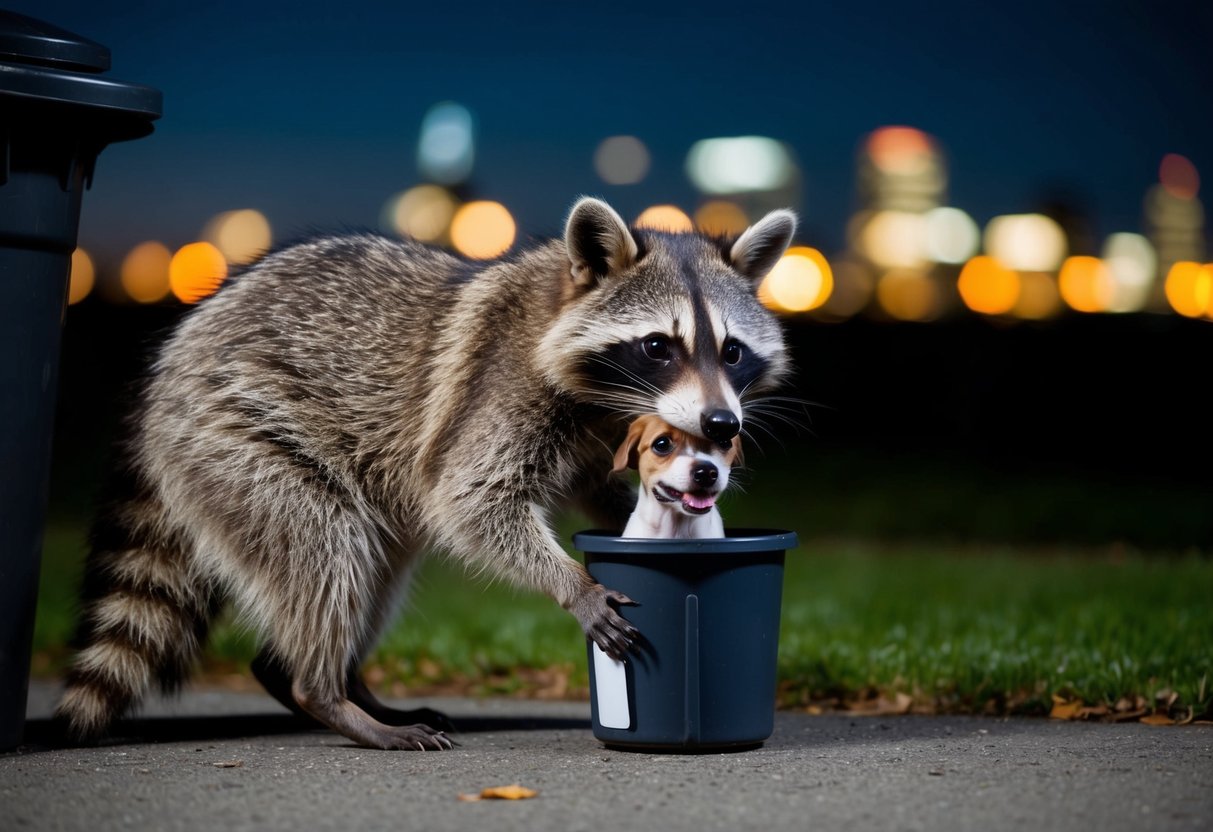 A raccoon with a small dog in its mouth near a trash can at night