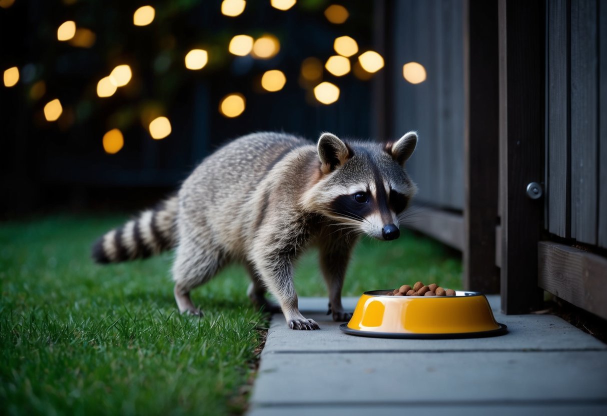 A raccoon sneaking into a backyard at night, eyeing a small dog's food bowl